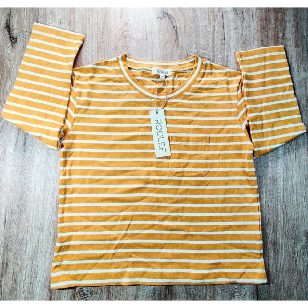 Womens Roolee Striped Long Sleeve Pocket T-Shirt size XXS, Yellow